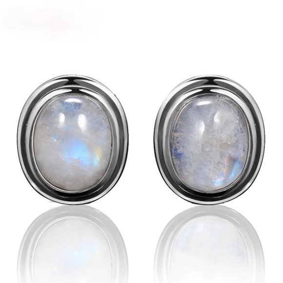 Natural moonstone earring studs sterling silver - Blue Flashy Moonstone Jewelry - Picture 1 of 5